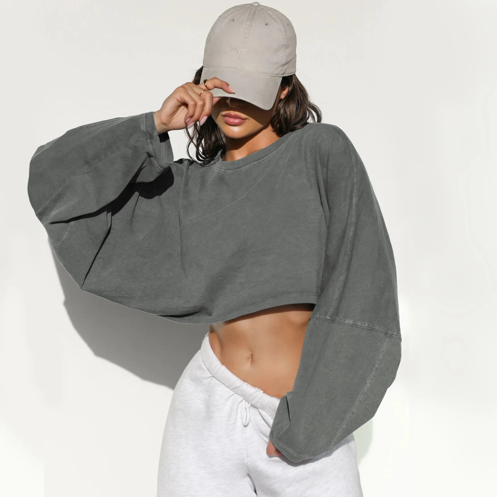 Xooie Fit women's baggy crop top in gray with oversized sleeves for a relaxed fit