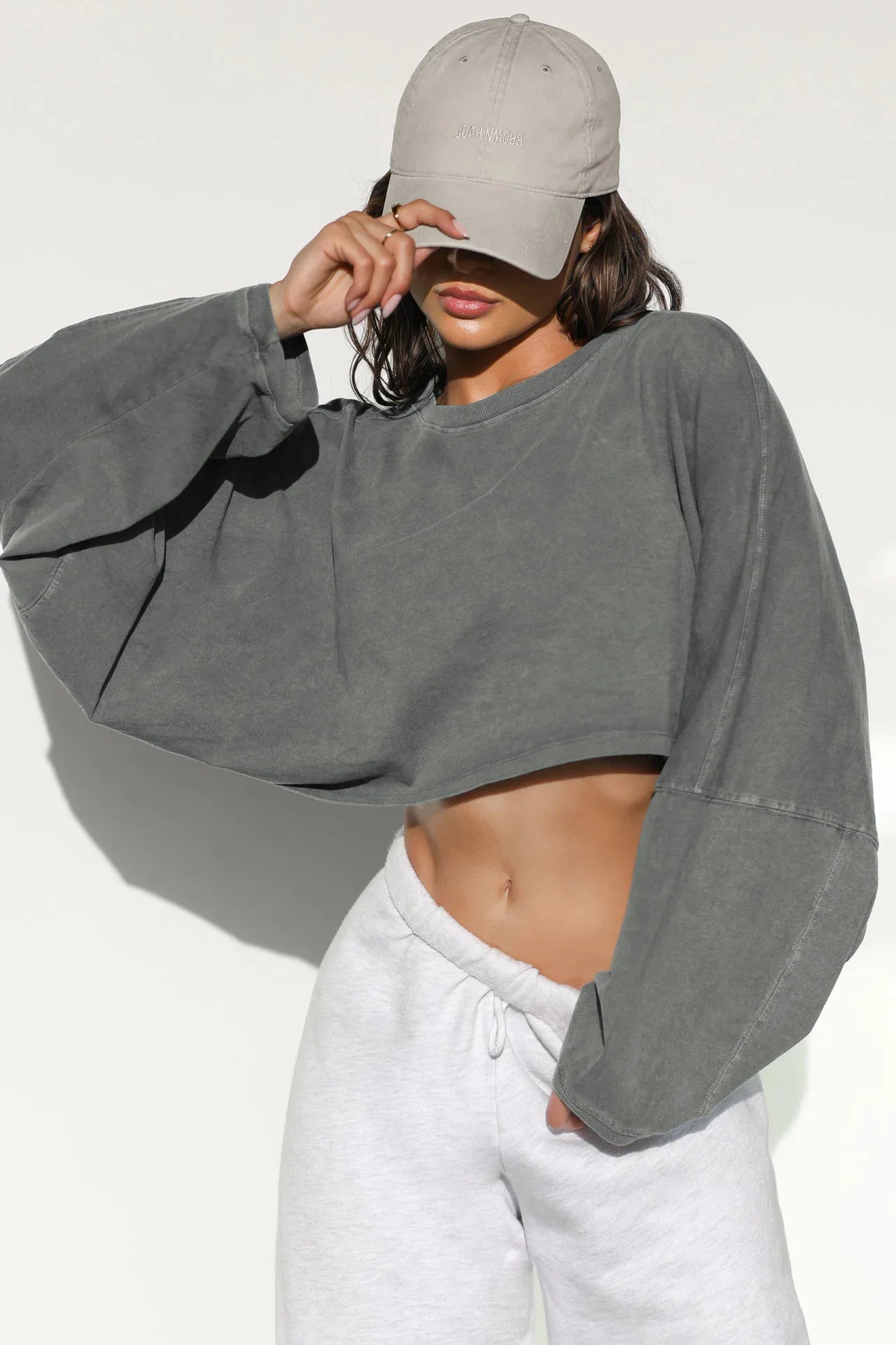 Xooie Fit women's baggy crop top in gray with oversized sleeves and relaxed fit