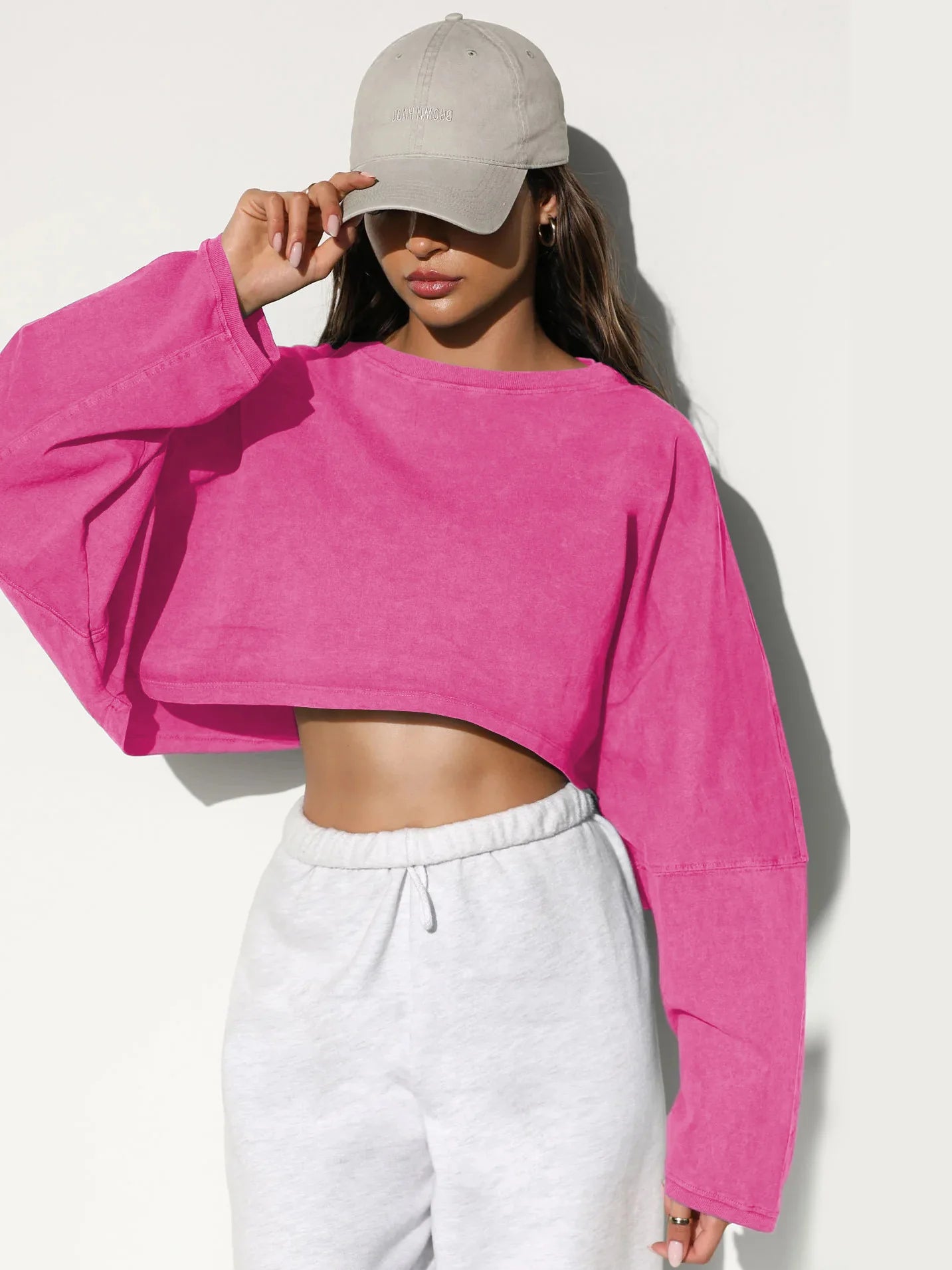 Xooie Fit Women's Baggy Crop Top in Pink with Oversized Sleeves and Casual Style