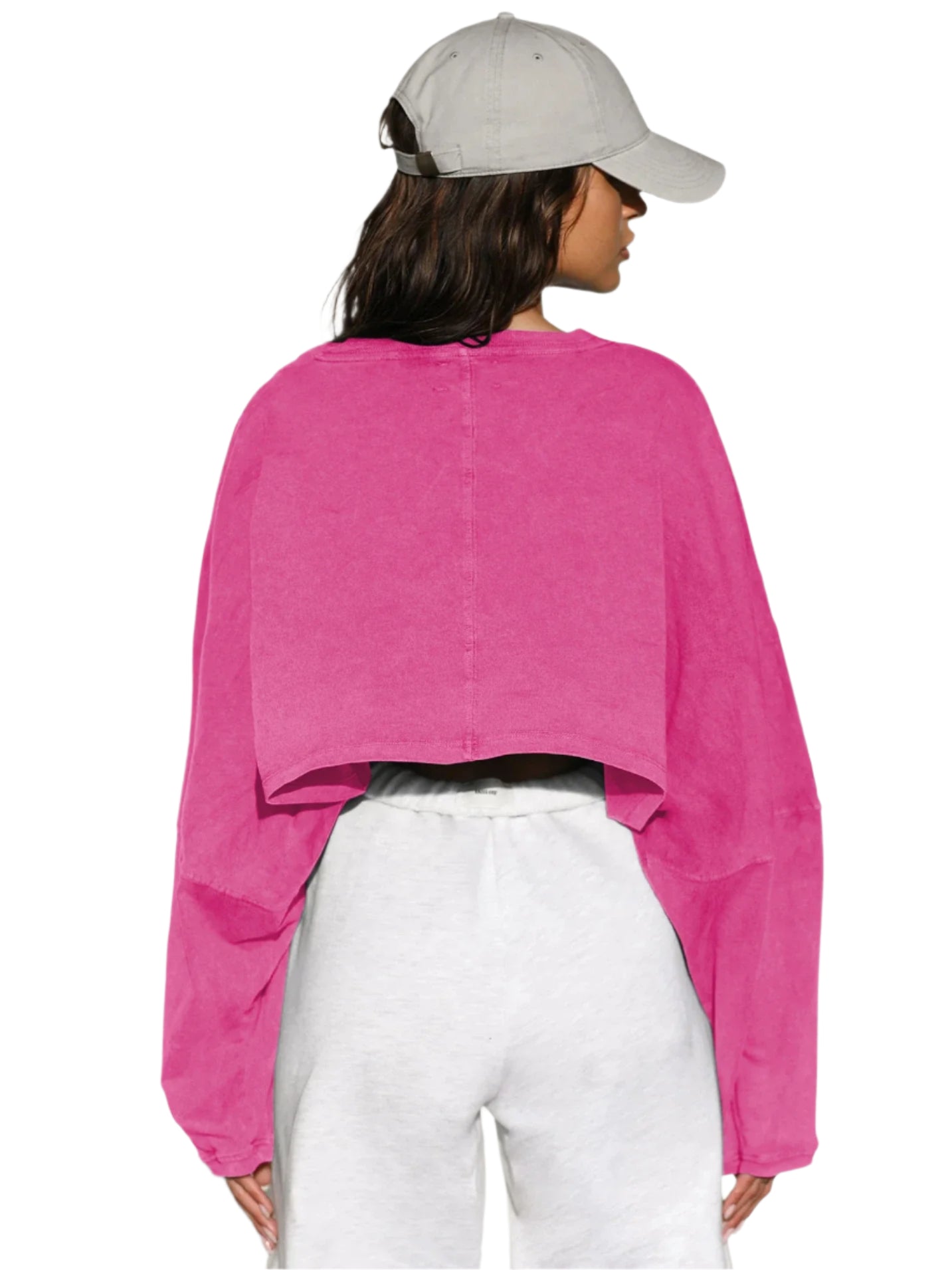 Xooie Fit women's baggy crop top in bright pink with long sleeves and a relaxed fit