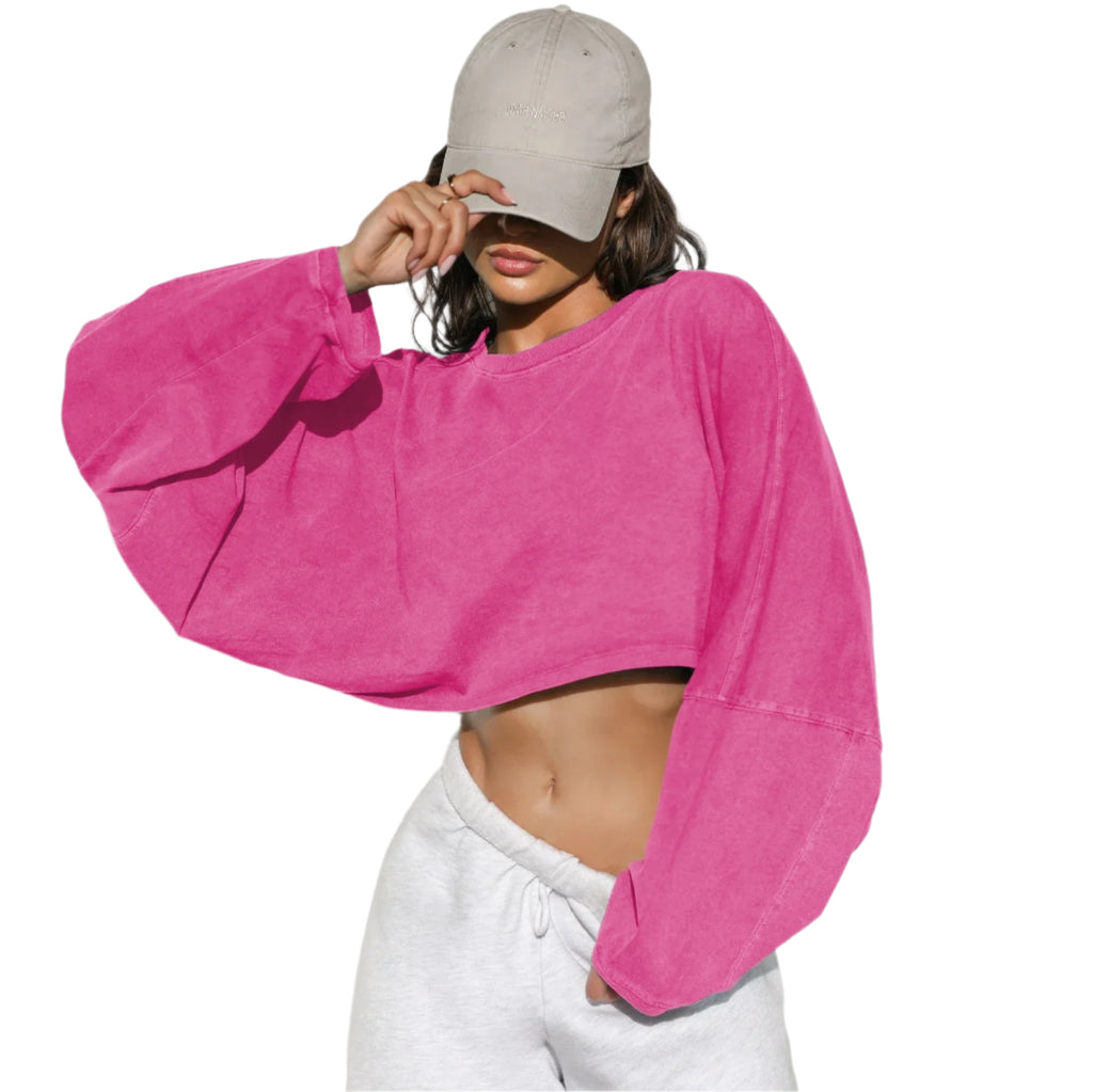 Xooie Fit women's baggy crop top in pink with long sleeves for a trendy casual look