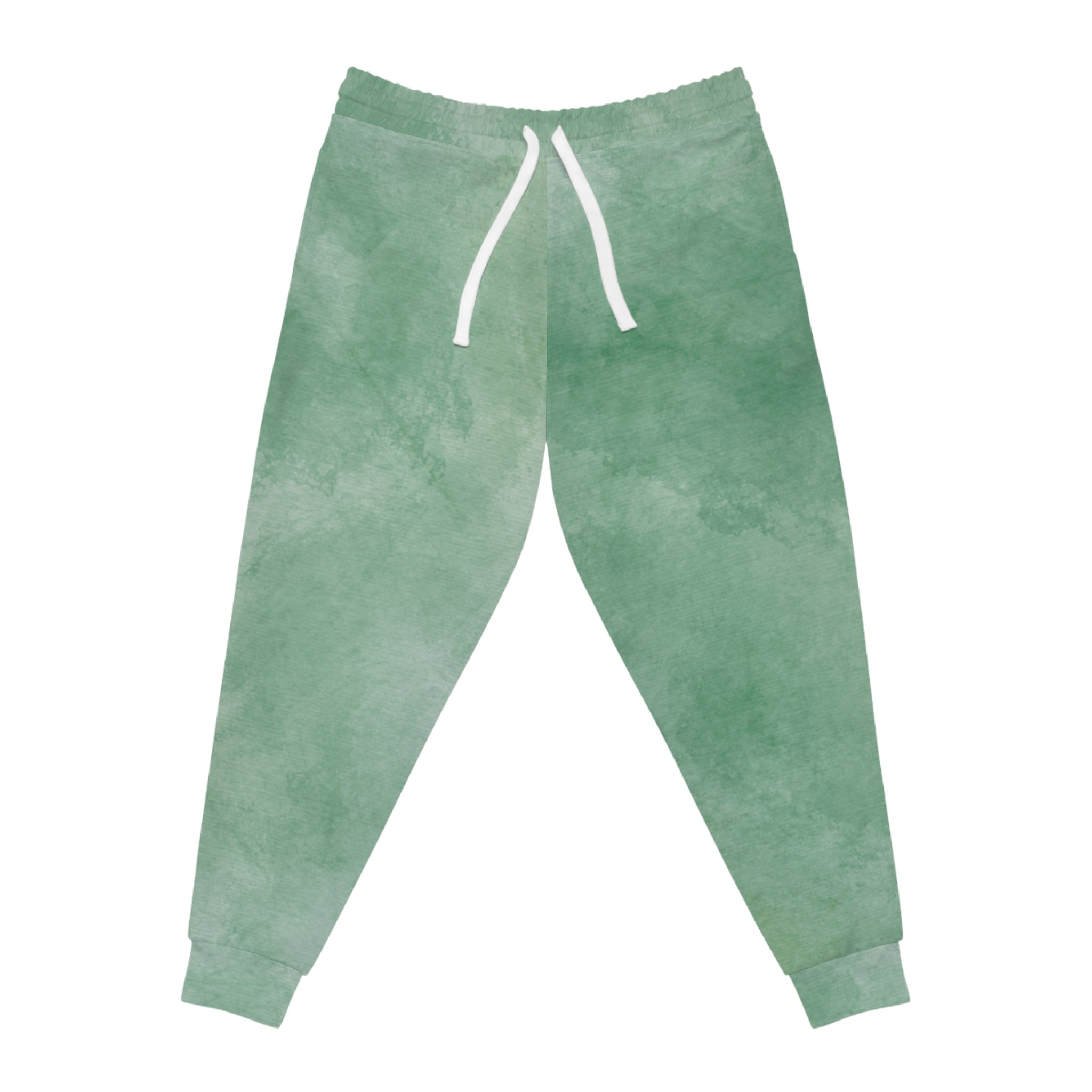 Green-teal watercolor joggers with white drawstring and cuffed ankles