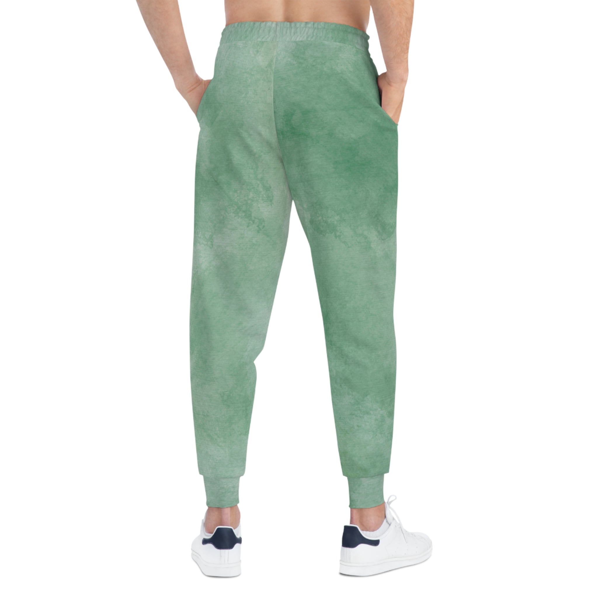 Eucalyptus Mist watercolor joggers with cuffed ankles and narrow tapered legs
