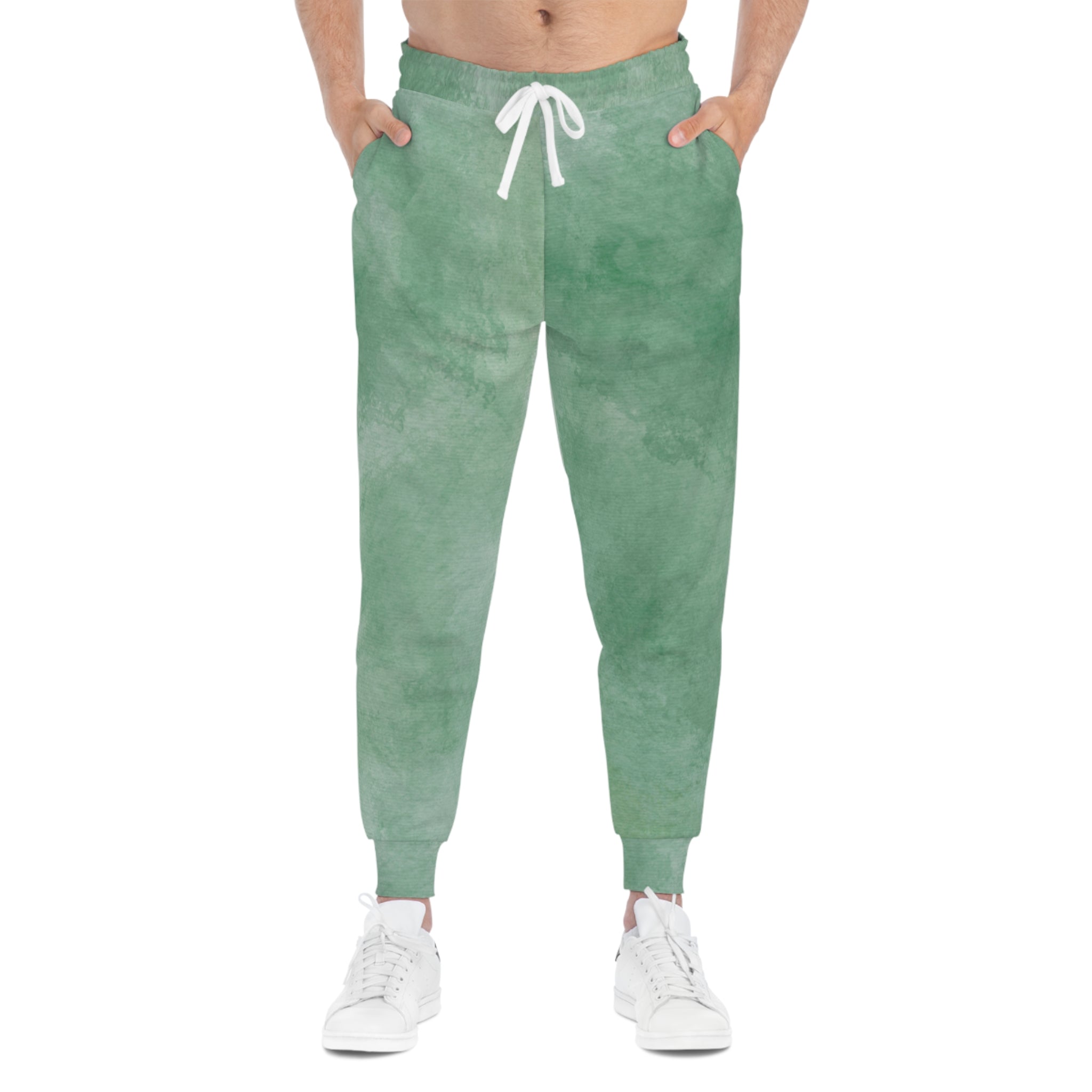 Eucalyptus Mist watercolor joggers, white drawstring waist and tapered leg openings