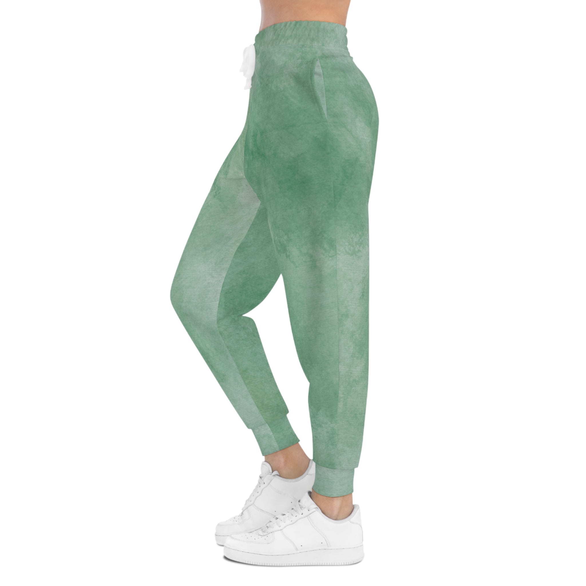 Side view of Eucalyptus Mist watercolor joggers, tapered legs and cuffed hems