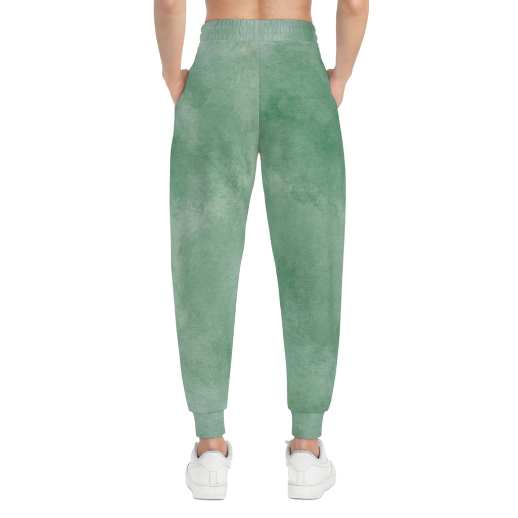 Back view of Eucalyptus Mist watercolor athletic joggers with tapered fit