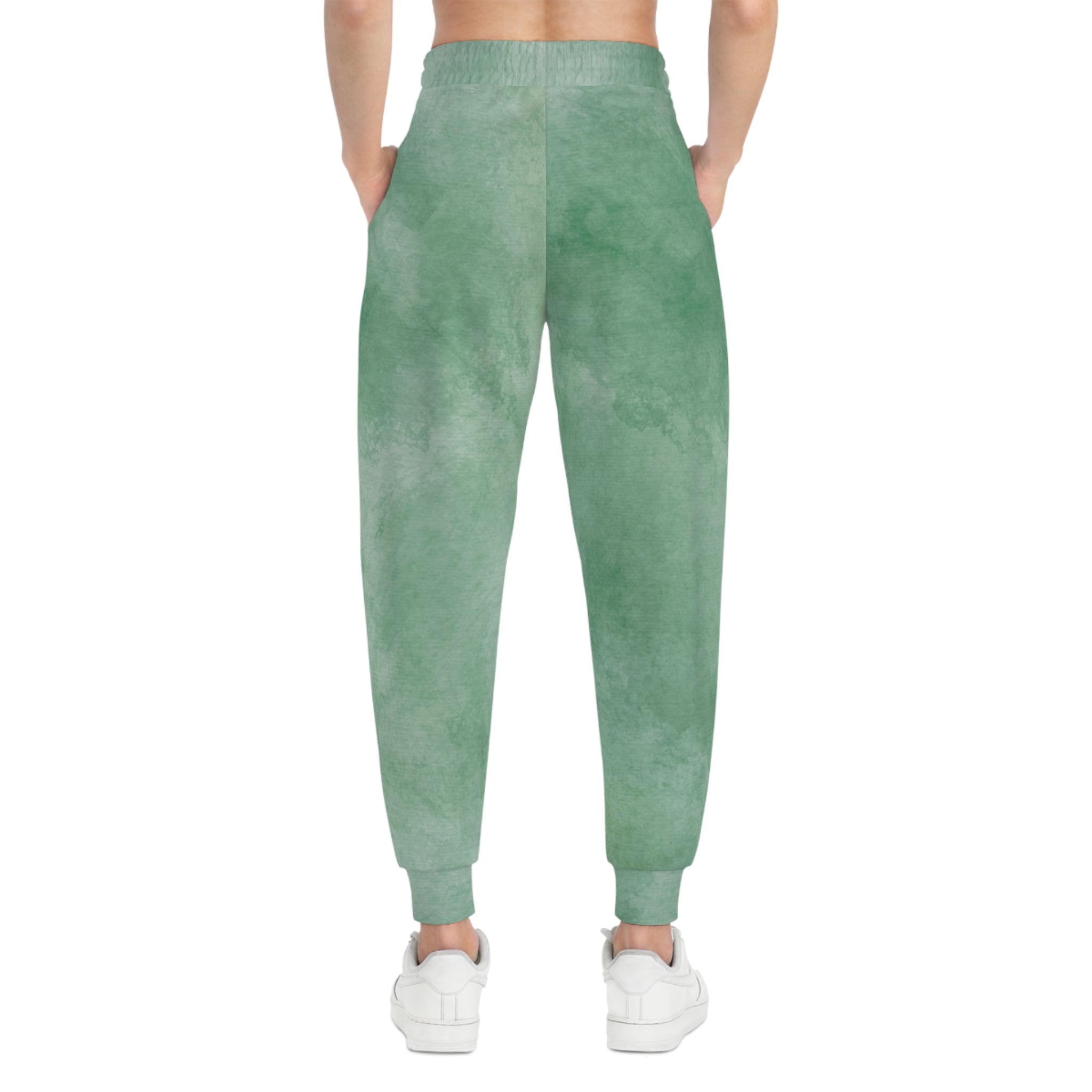 Back view of Eucalyptus Mist watercolor athletic joggers with tapered fit