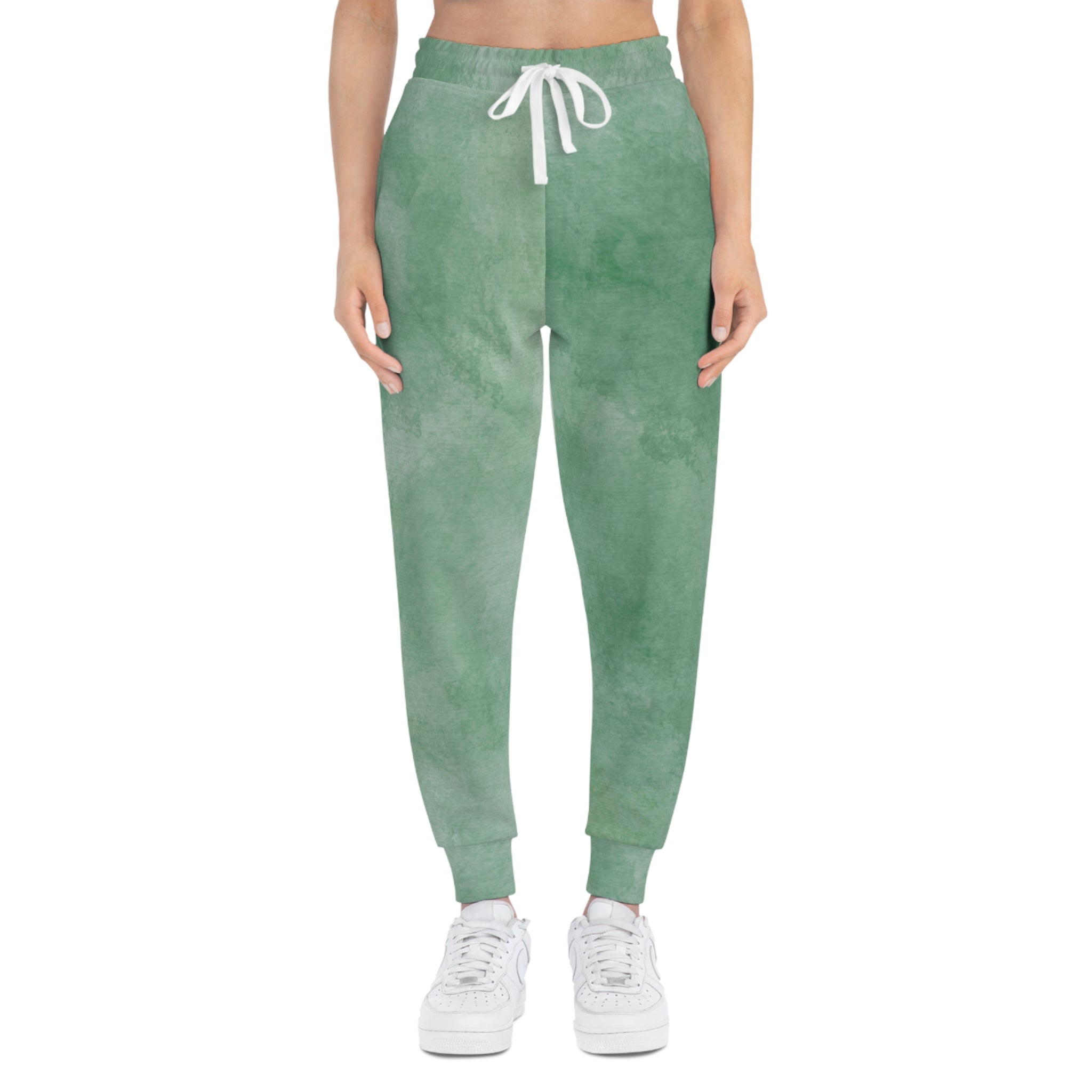 Eucalyptus Mist watercolor athletic joggers with white drawstring and elastic waist
