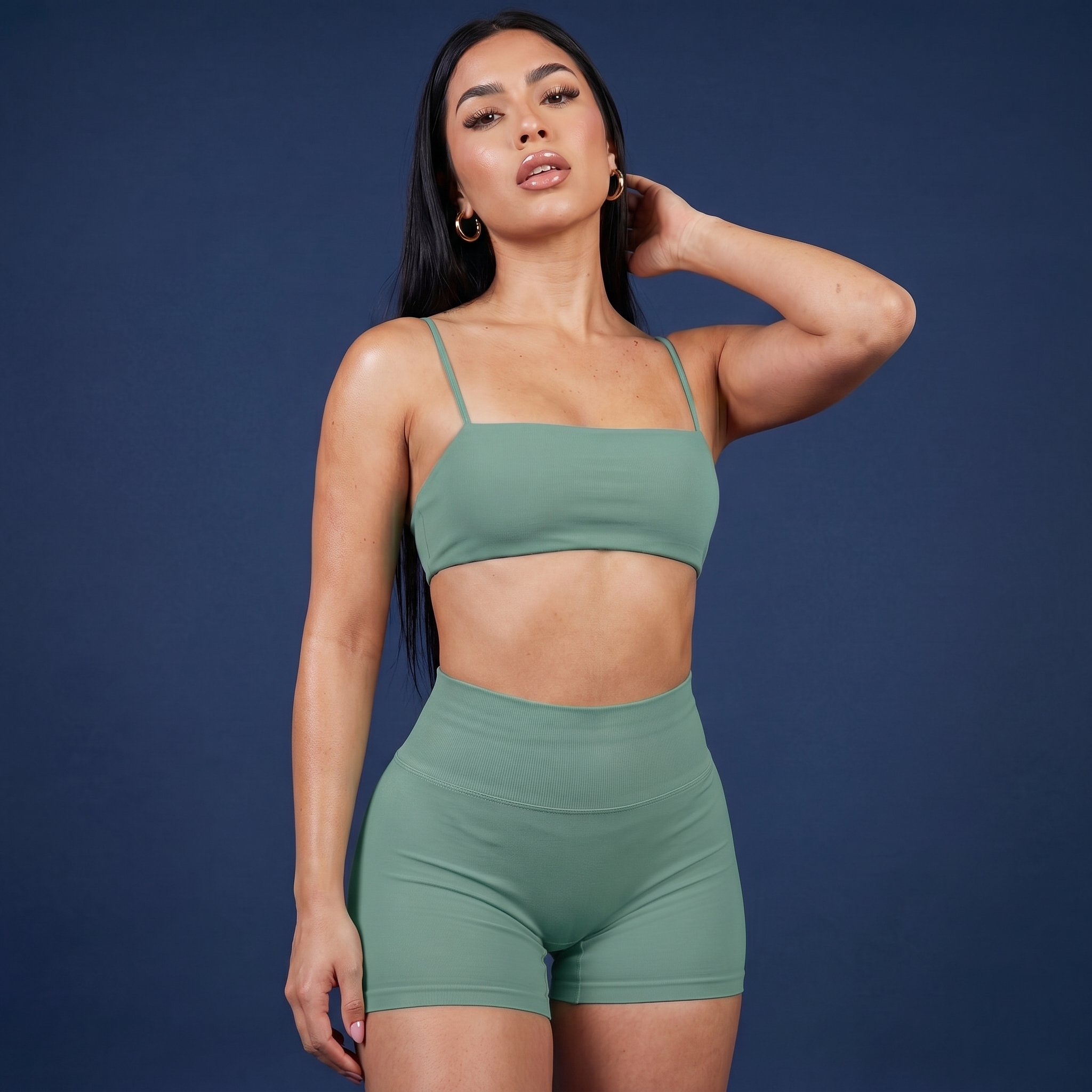 Thin-strap sports bra and active shorts set, teal