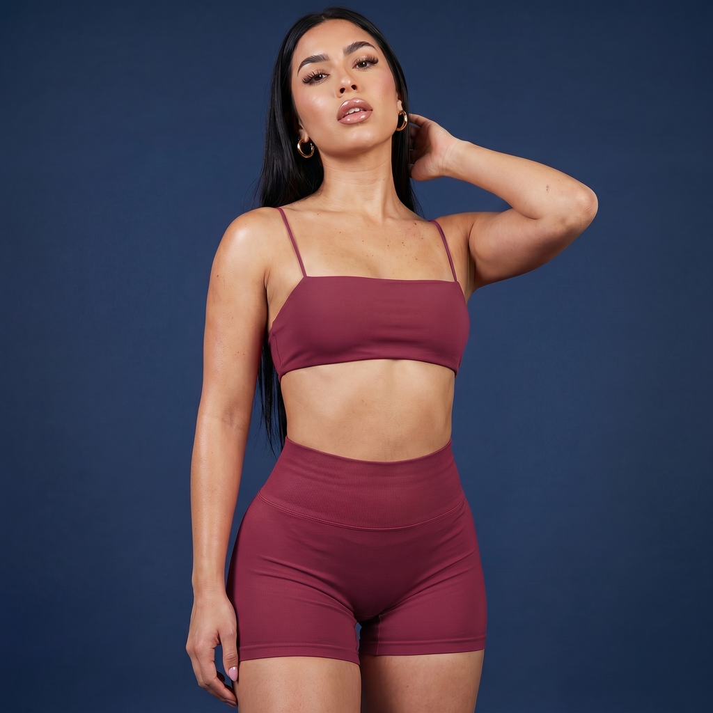 Thin-strap sports bra and active shorts set, berry pink