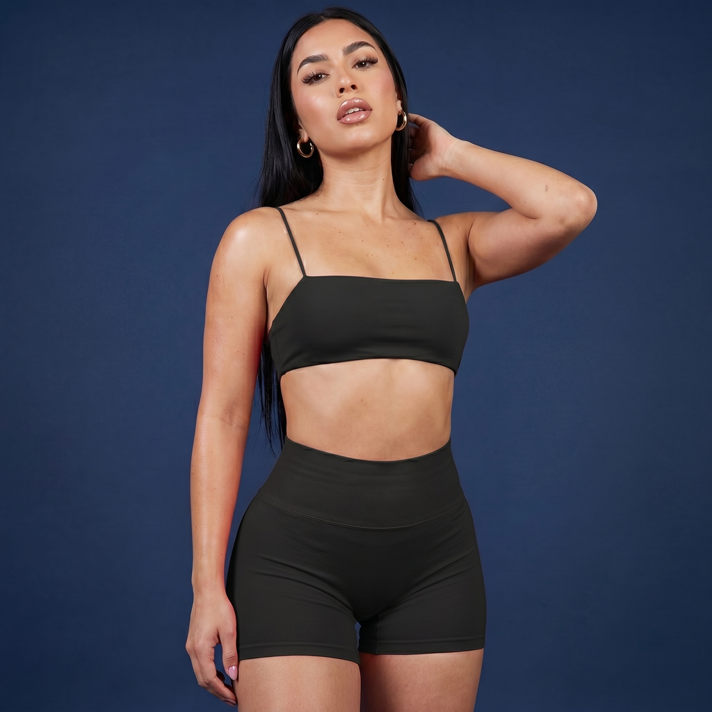 Black thin strap bra and high-waist active shorts set