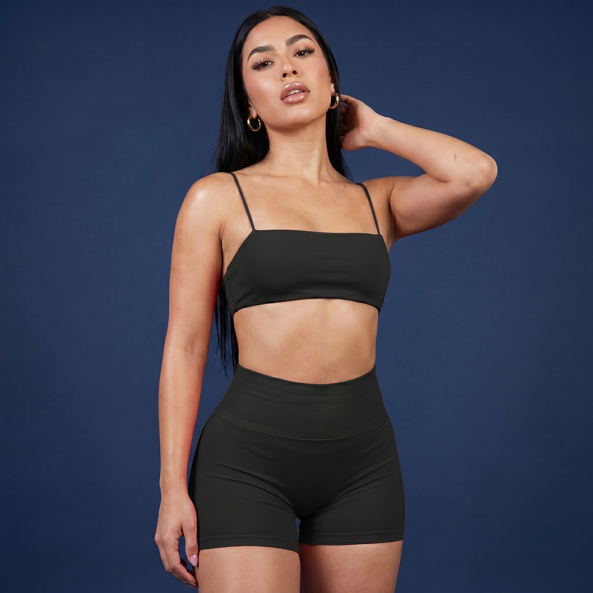 Black thin strap bra and high-waist active shorts set