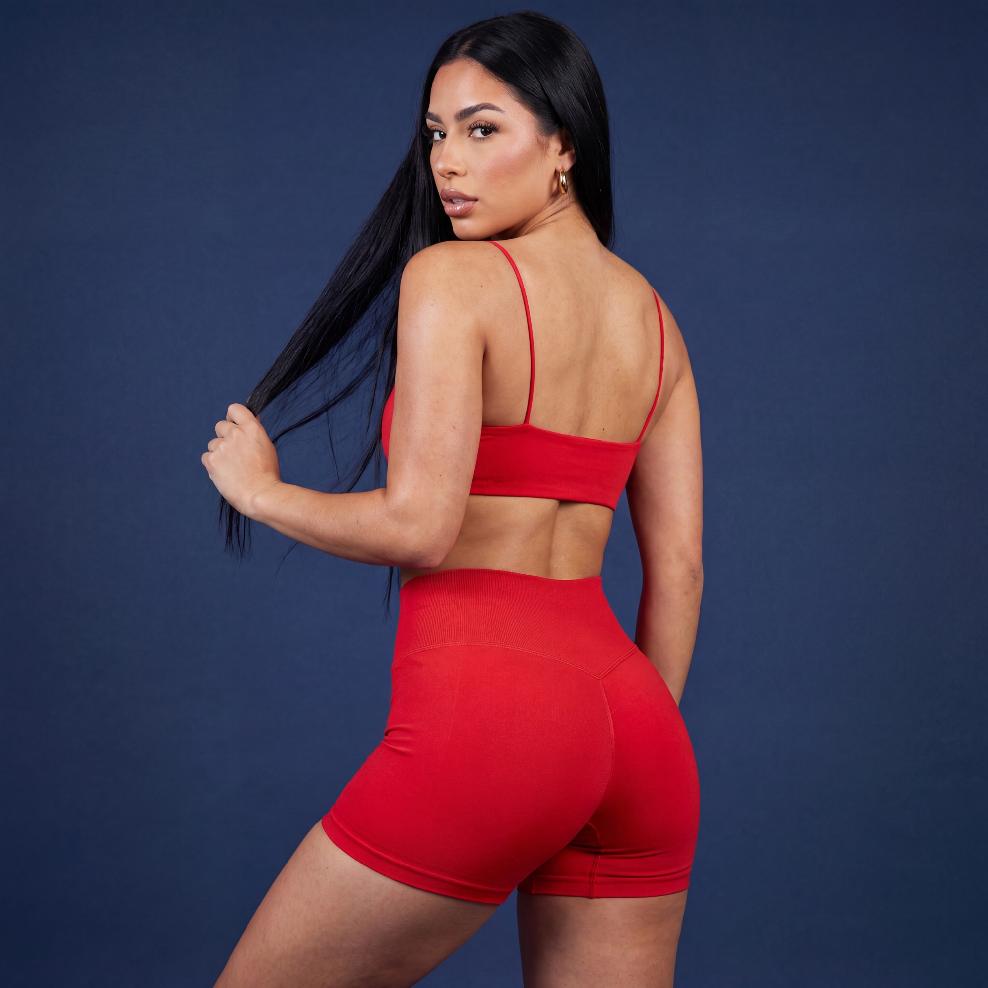 Thin-strap sports bra and active shorts set, red