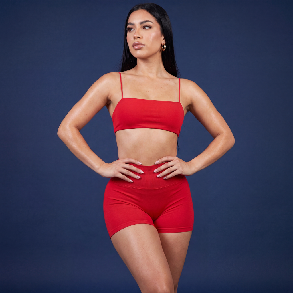 Thin-strap sports bra and active shorts set, red