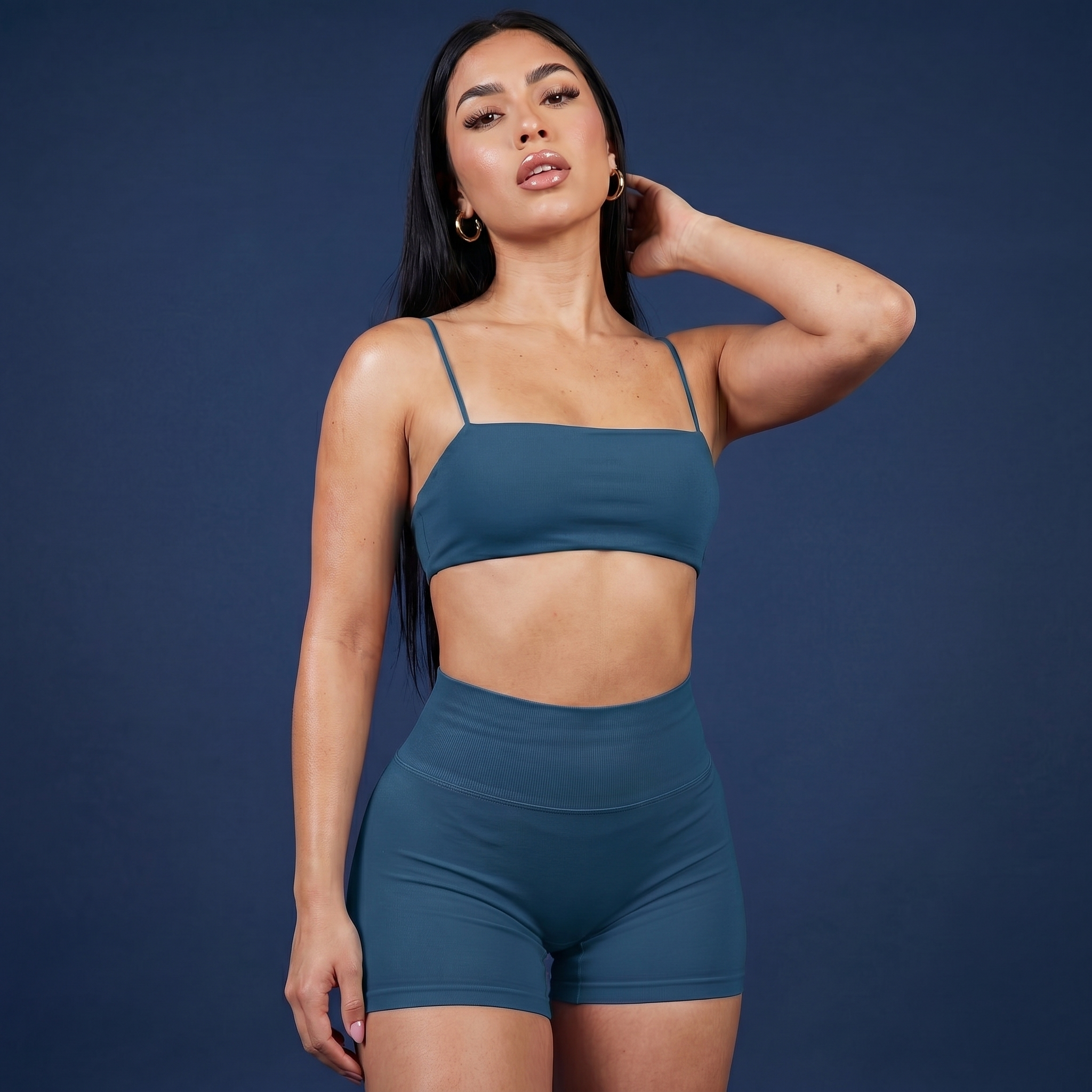 Thin-strap sports bra and active shorts set, teal blue