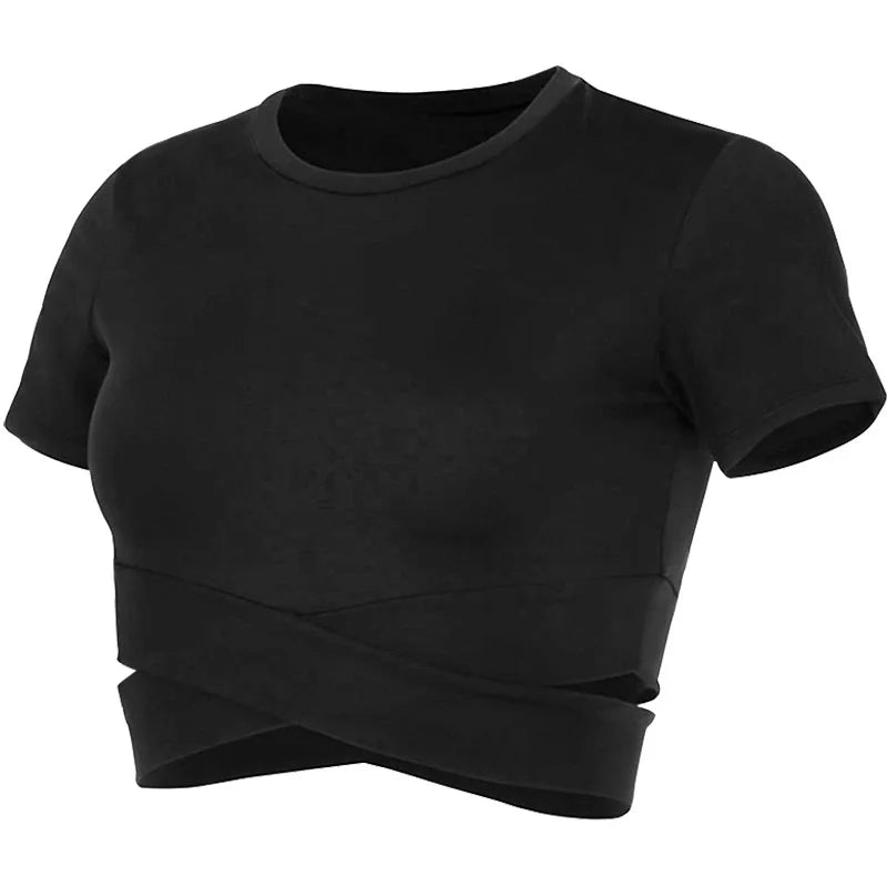 Xooie Fit women's criss-cross crop top in black with a rounded neckline and short sleeves