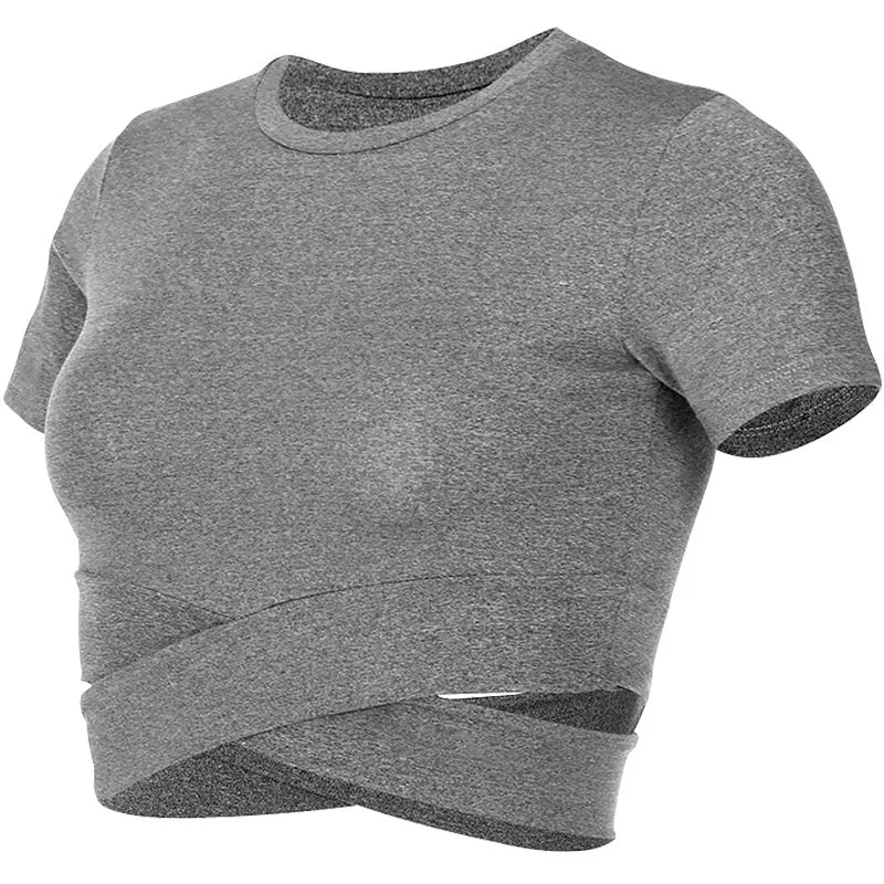 Xooie Fit women's criss-cross crop top in gray with a comfortable and stylish design for activewear