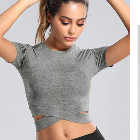 Xooie Fit women's criss-cross crop top in gray with short sleeves and stylish cutout design