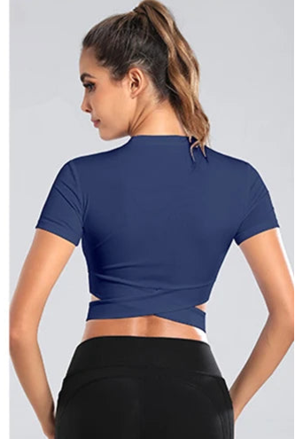 Xooie Fit women's criss-cross crop top in navy blue with stylish back design for activewear