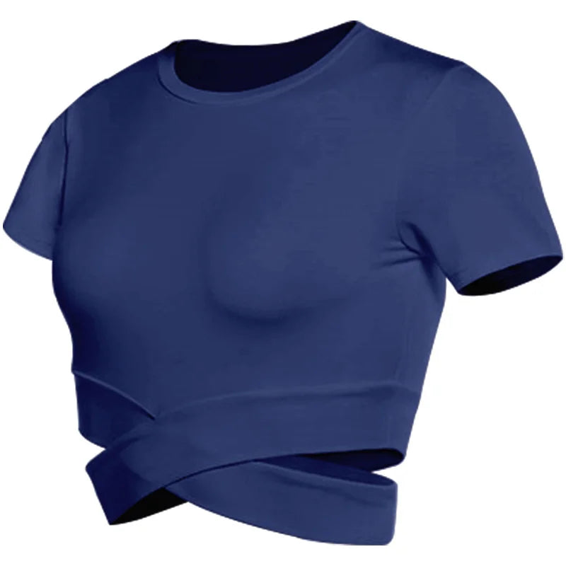 Xooie Fit women's criss-cross crop top in navy blue with short sleeves and stylish design