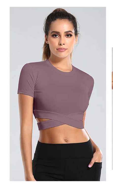 Xooie Fit women's criss-cross crop top in mauve with short sleeves and stylish cut design