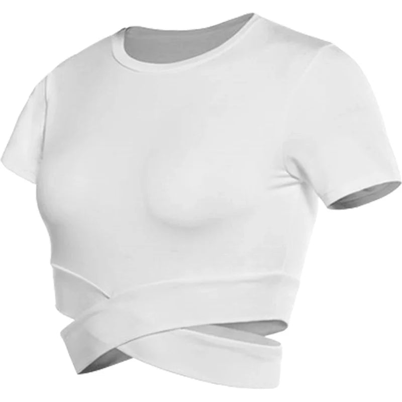 Xooie Fit women's criss-cross crop top in white, perfect for casual or workout wear