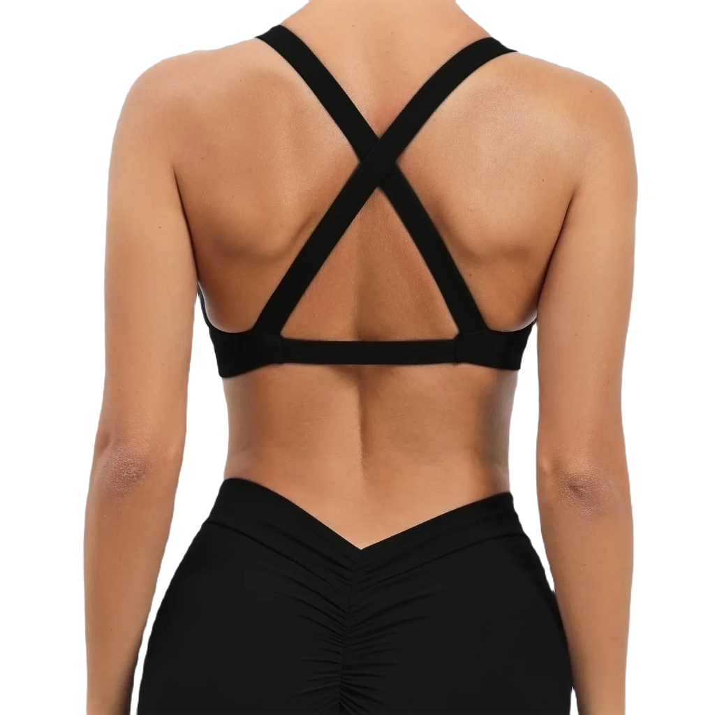 Xooie Fit women’s fitness bralette with stylish twist design and adjustable crisscross straps