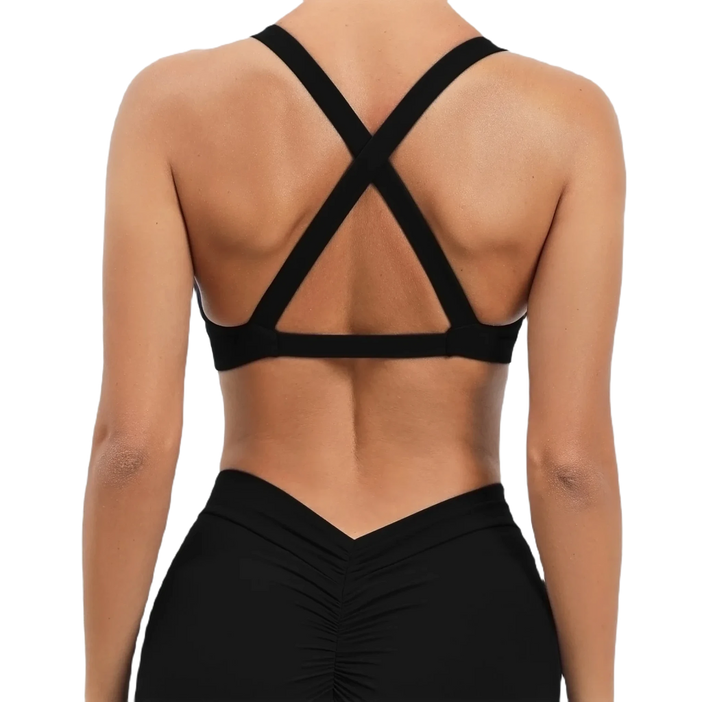 Xooie Fit women's fitness bralette with a stylish twist bra design and crisscross back straps back black