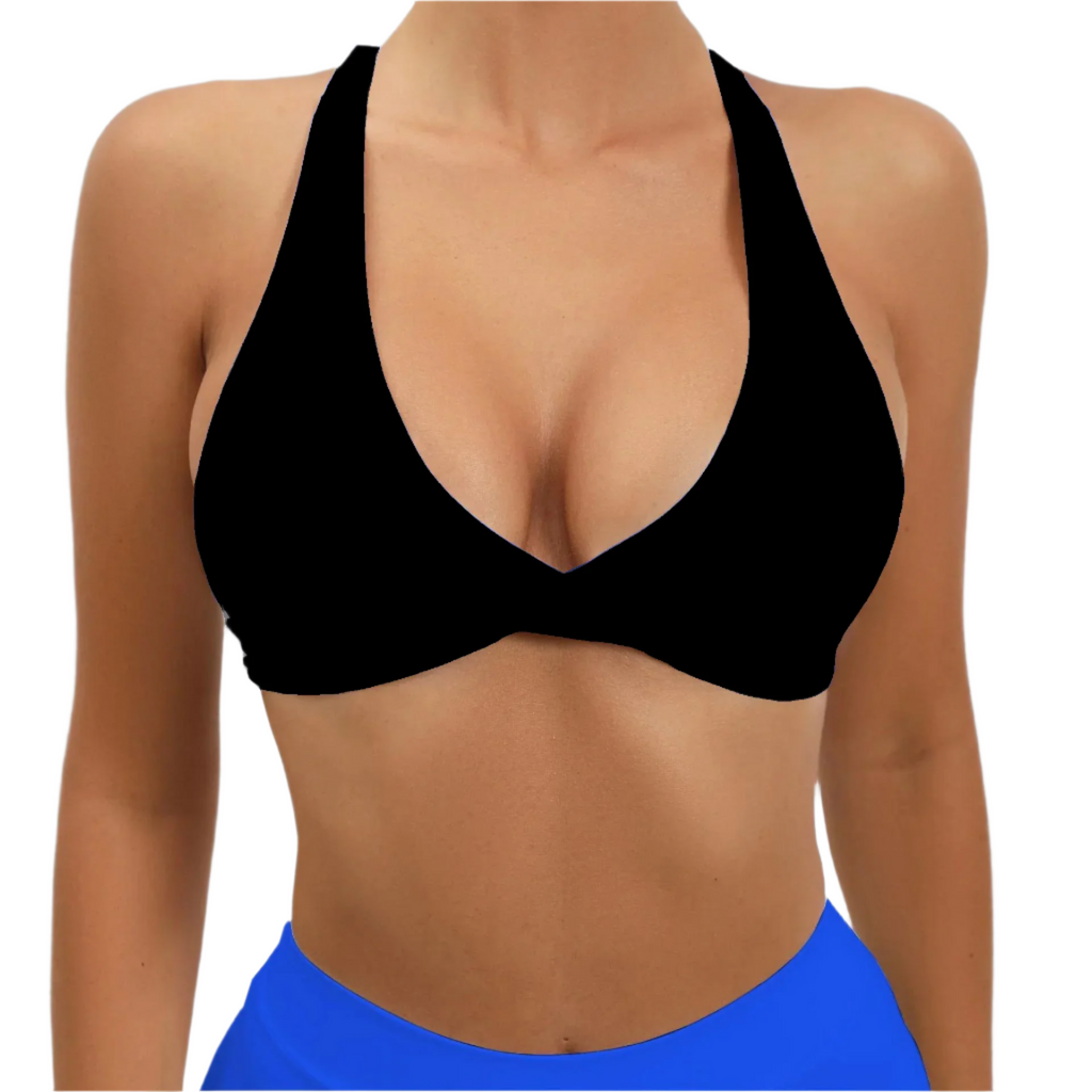 Xooie Fit women's fitness bralette in black with a stylish twist bra design for active women