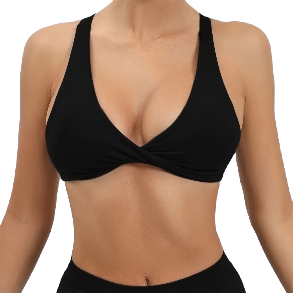 Xooie Fit women's fitness bralette with a stylish twist bra design and crisscross back straps black front