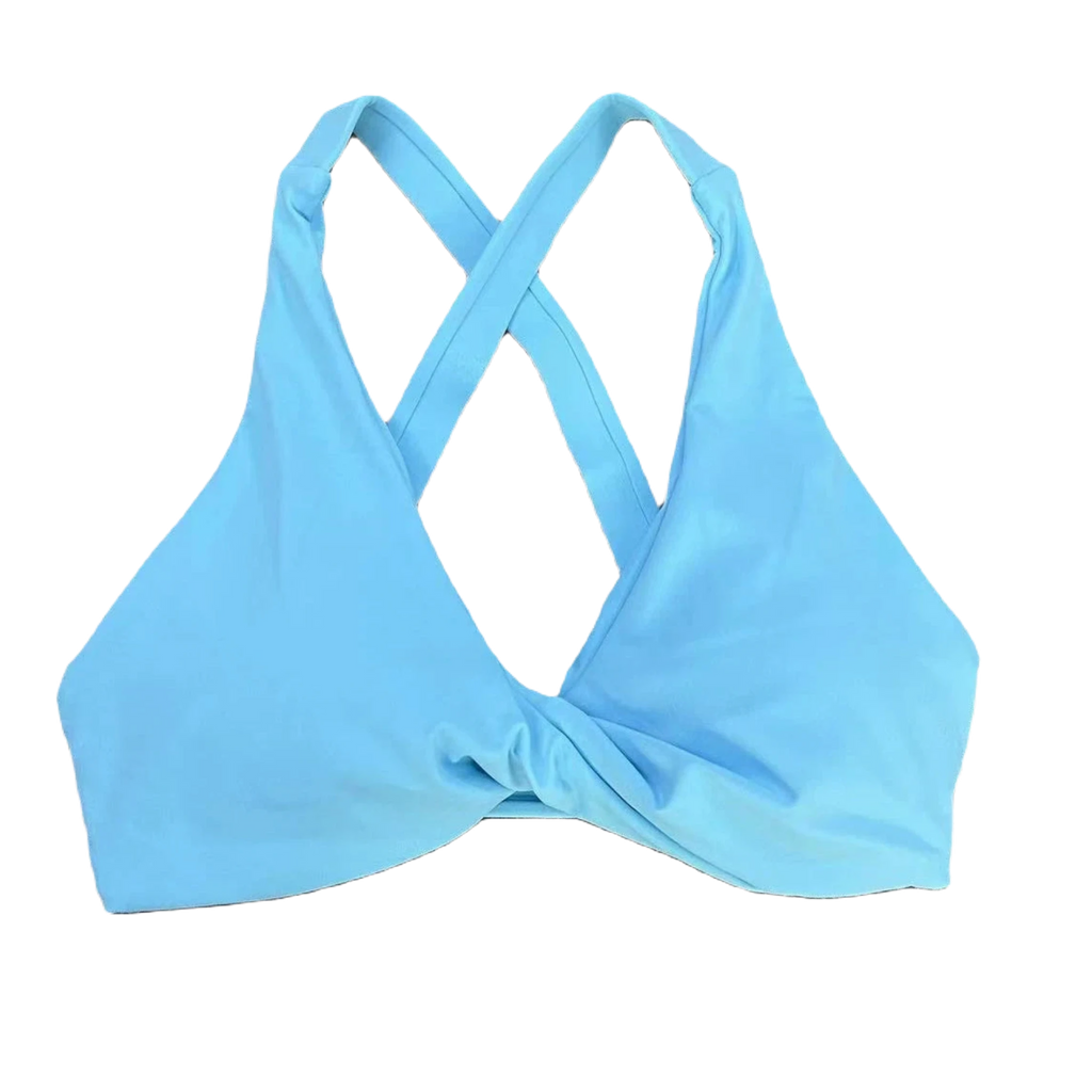 Xooie Fit women's fitness bralette with a stylish twist bra design and crisscross back straps blue