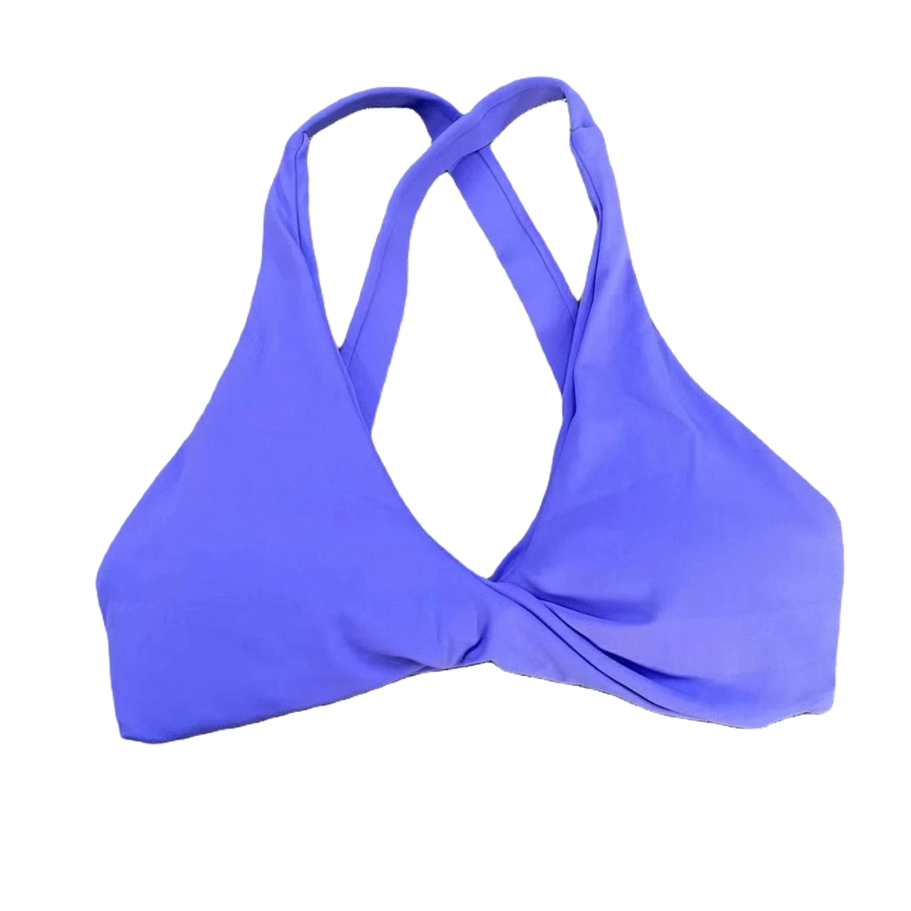 Xooie Fit women's fitness bralette with a stylish twist bra design and crisscross back straps purple blue 