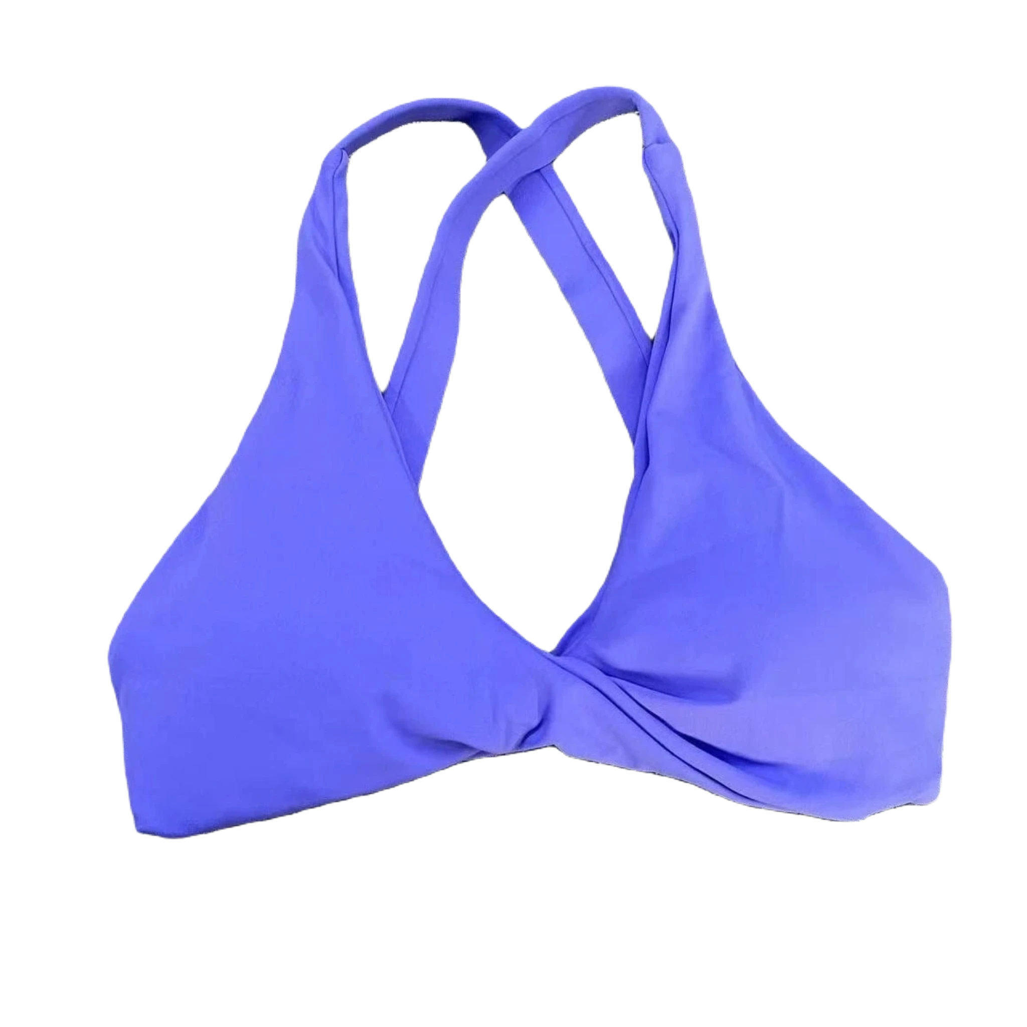 Xooie Fit women's fitness bralette with a stylish twist bra design and crisscross back straps purple blue 