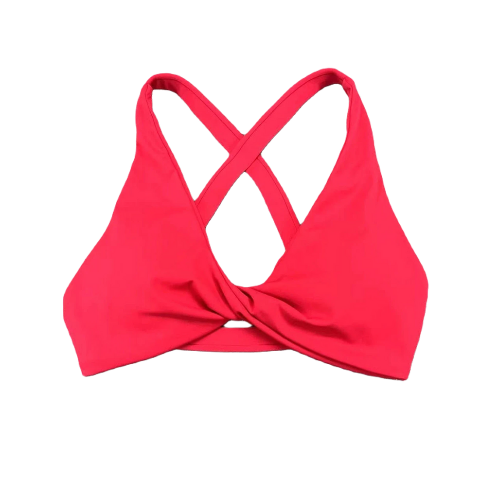 Xooie Fit women's fitness bralette with a stylish twist bra design and crisscross back straps red front
