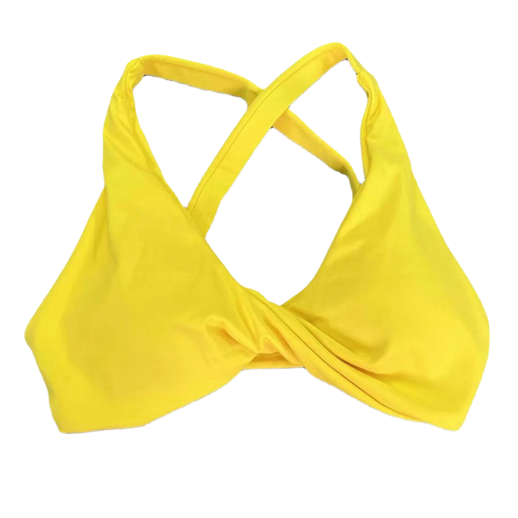 Xooie Fit women's fitness bralette with a stylish twist bra design and crisscross back straps yellow