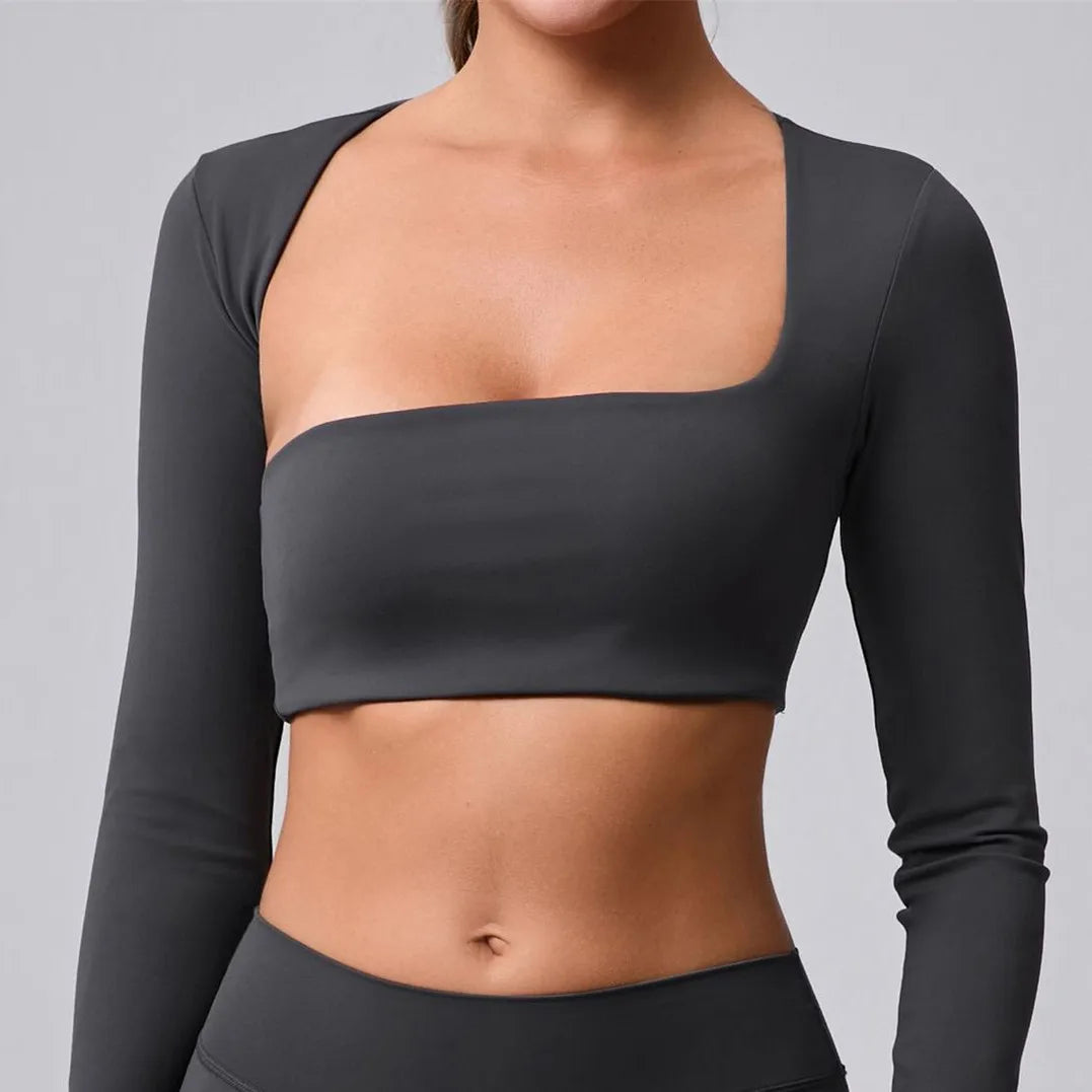Xooie Fit women's fitness clothing set featuring a stylish long-sleeve crop top in dark gray