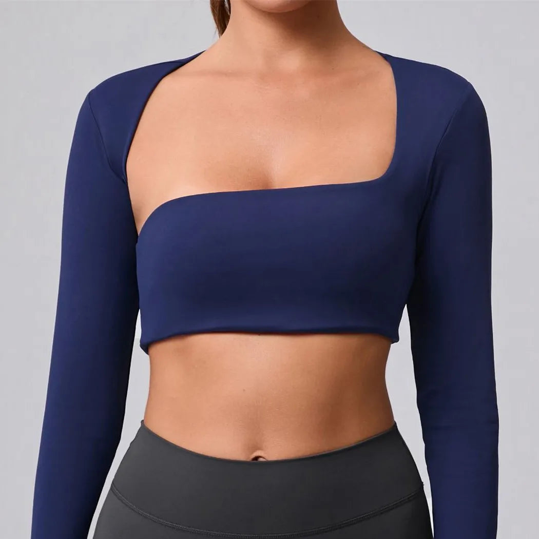 Navy Blue Xooie Fit Women's Fitness Clothing Set with Long Sleeves and Crop Top Design