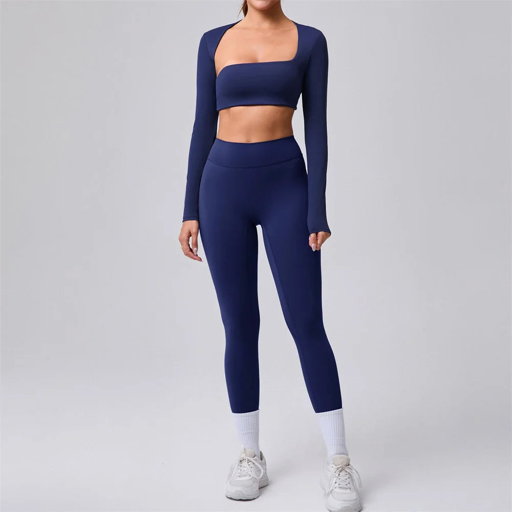 Xooie Fit Women's Fitness Clothing Set in Navy Blue with Long Sleeves and High-Waisted Leggings