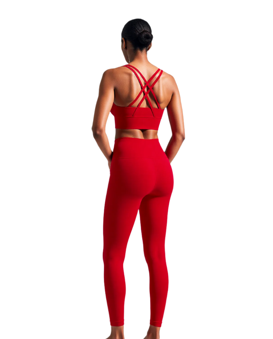 Red two-piece women's fitness clothing set from Xooie Fit featuring a stylish back design