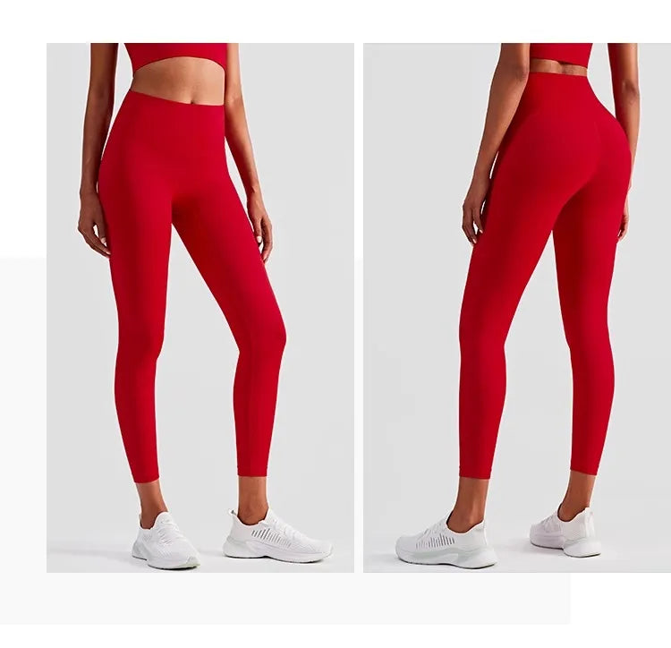 Xooie Fit women's fitness clothing set in red featuring high-waisted leggings and a cropped top