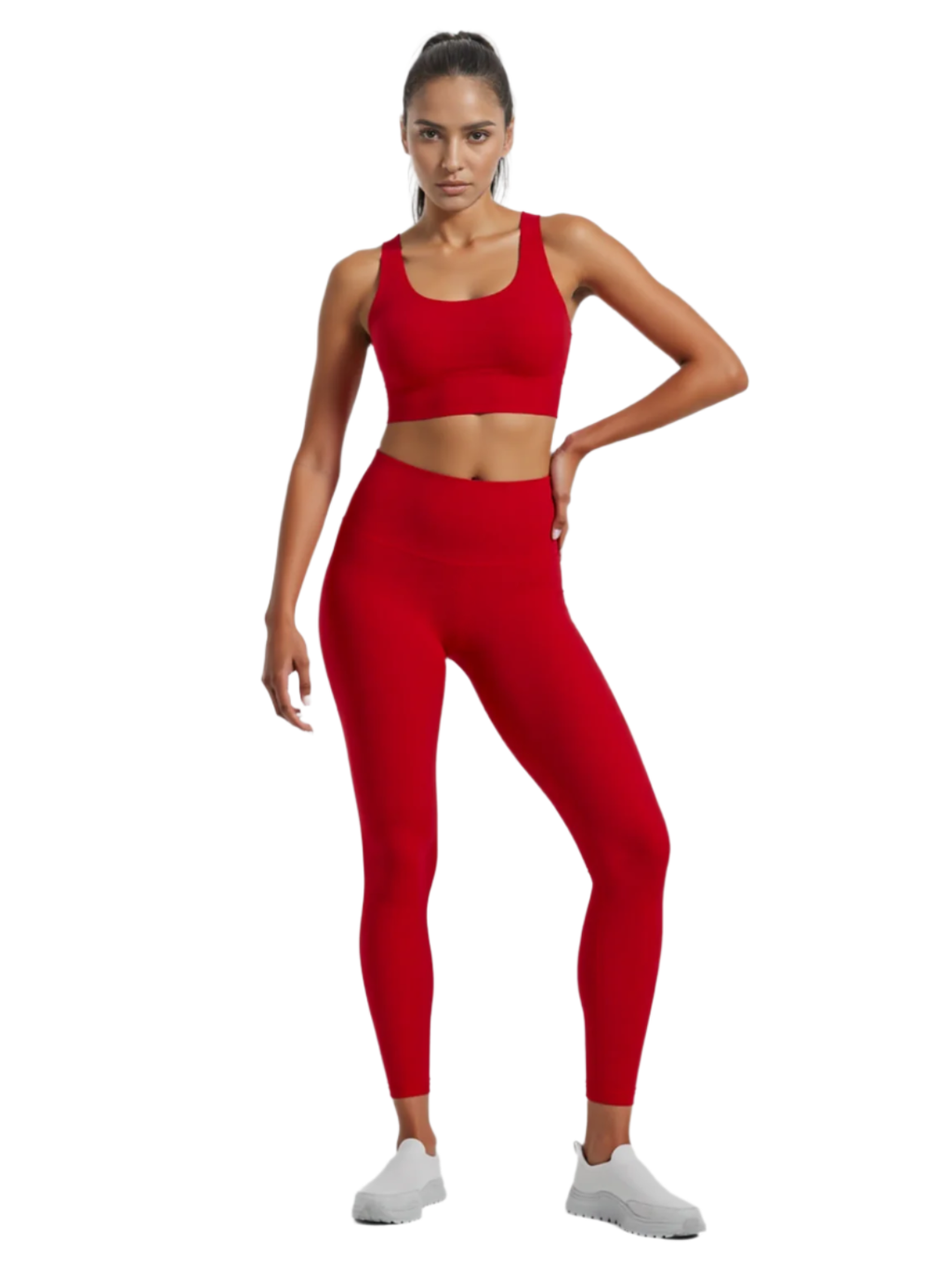 Xooie Fit women's fitness clothing set in striking red featuring a stylish cropped top and high-waisted leggings