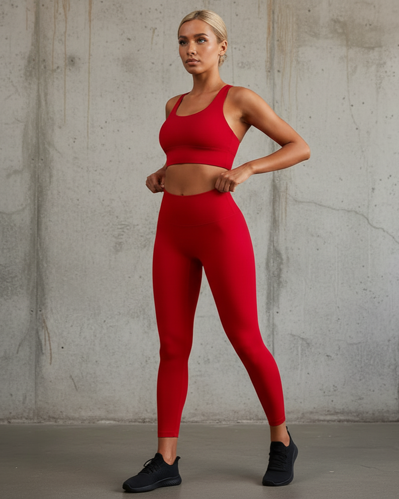 Xooie Fit women's fitness clothing set in red, featuring a sports bra and leggings for workout comfort