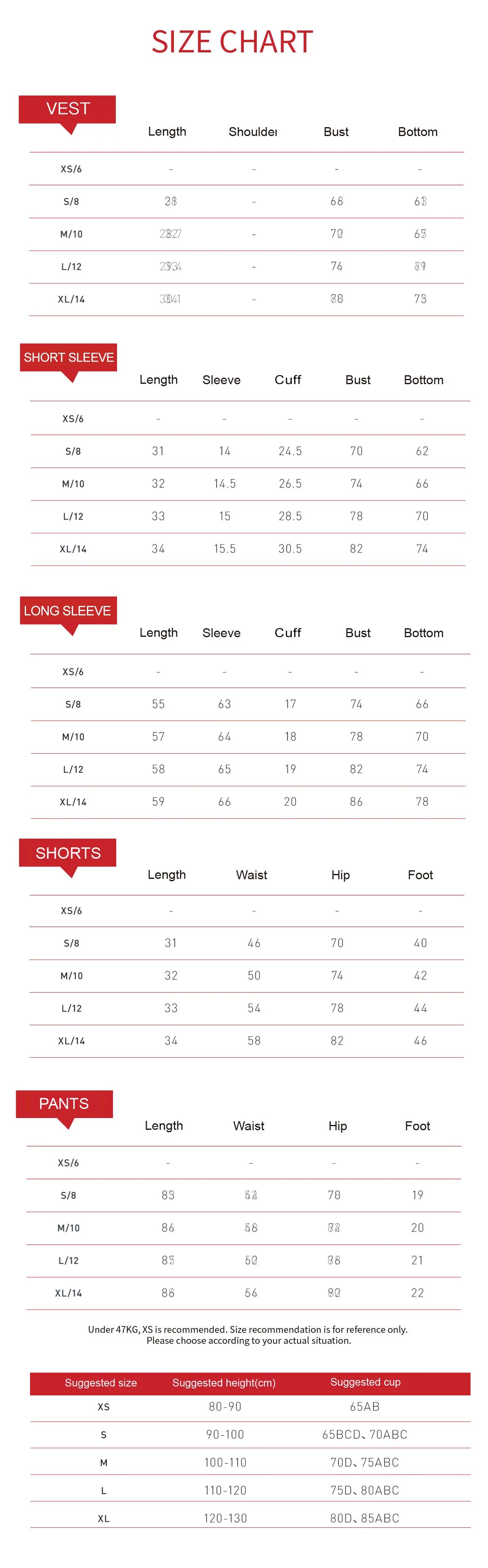 Xooie Fit women's fitness clothing set size chart for accurate sizing and fit