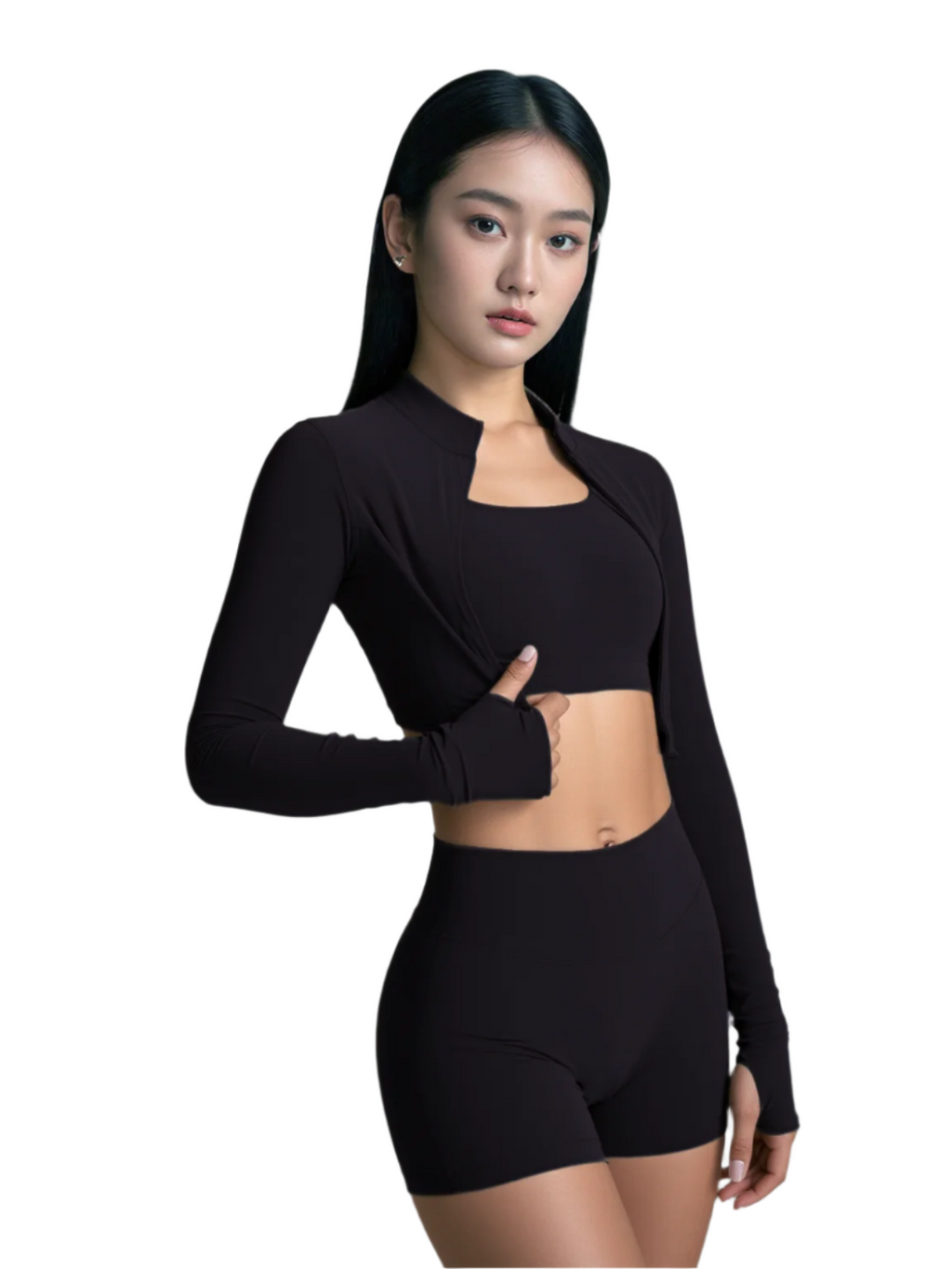Xooie Fit women's fitness matching set with long sleeve top and shorts in black for versatile workouts