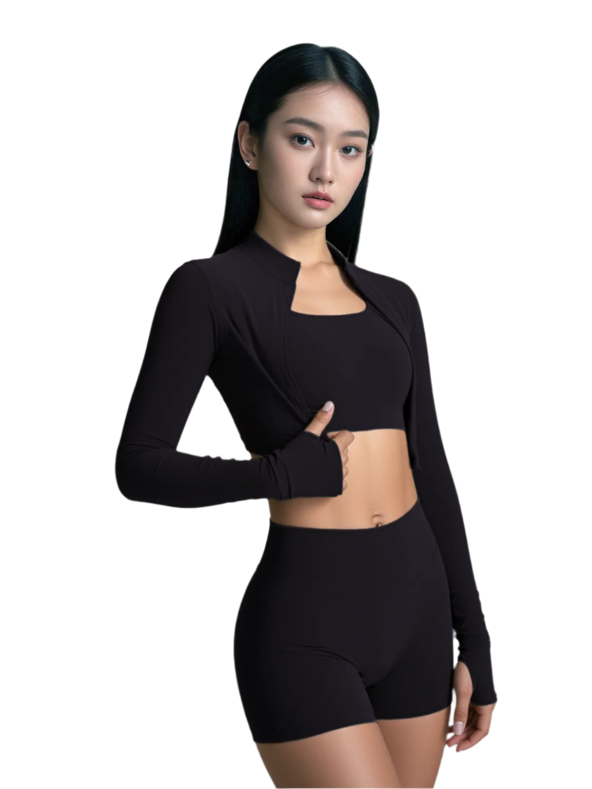 Xooie Fit women's fitness matching set with long sleeve top and shorts in black for versatile workouts