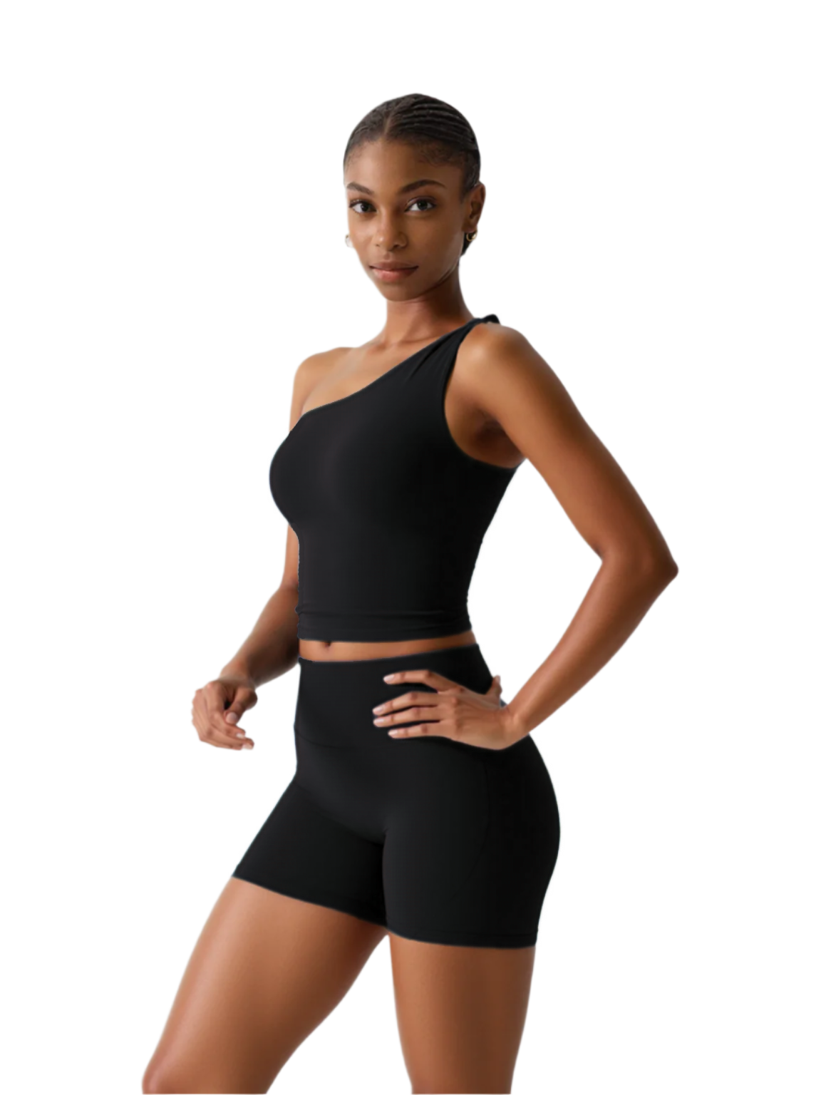 Xooie Fit women's fitness matching set in black featuring one-shoulder crop top and high-waisted shorts
