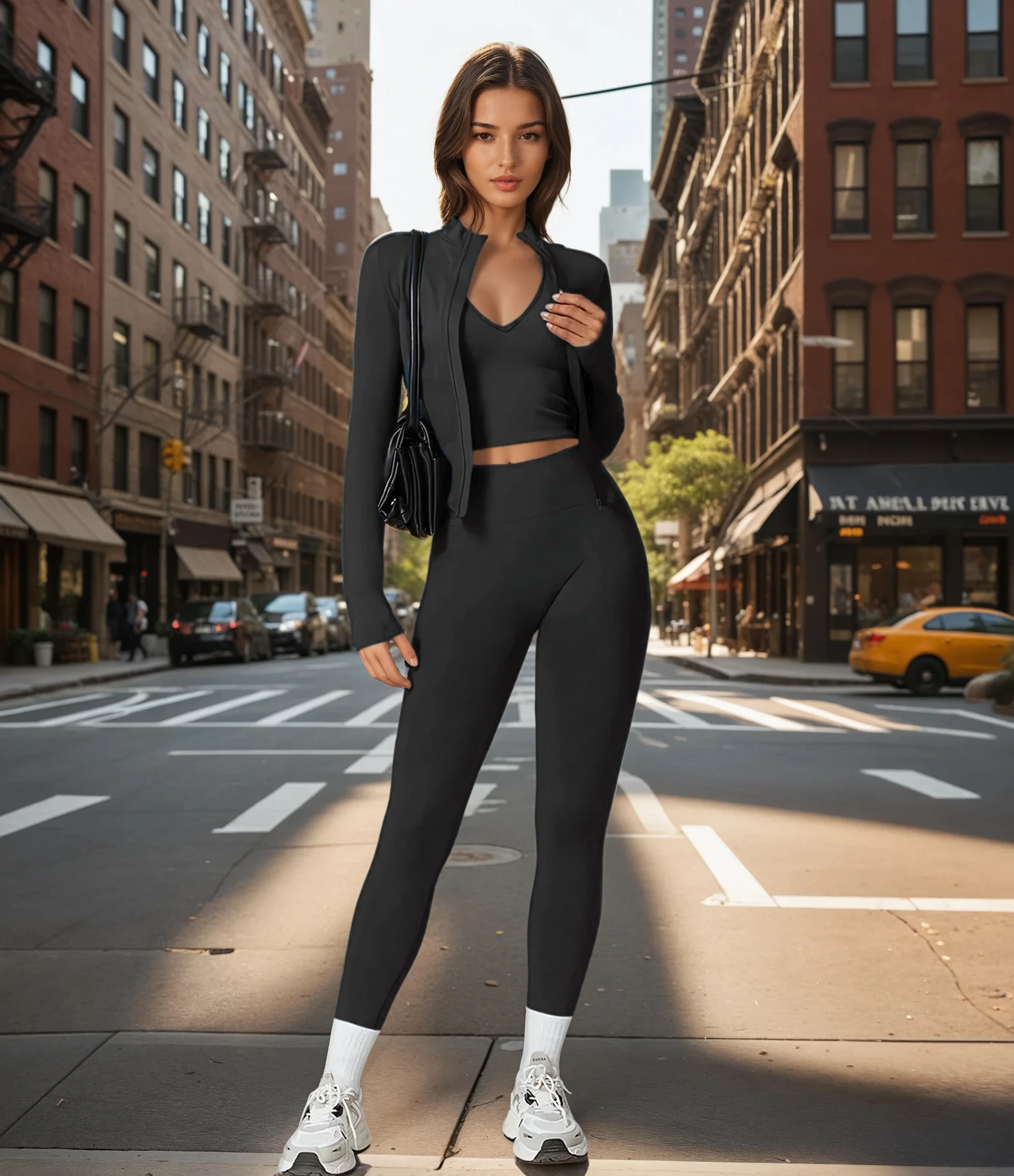 Xooie Fit women's fitness matching set in black featuring a crop top, leggings, and a stylish jacket