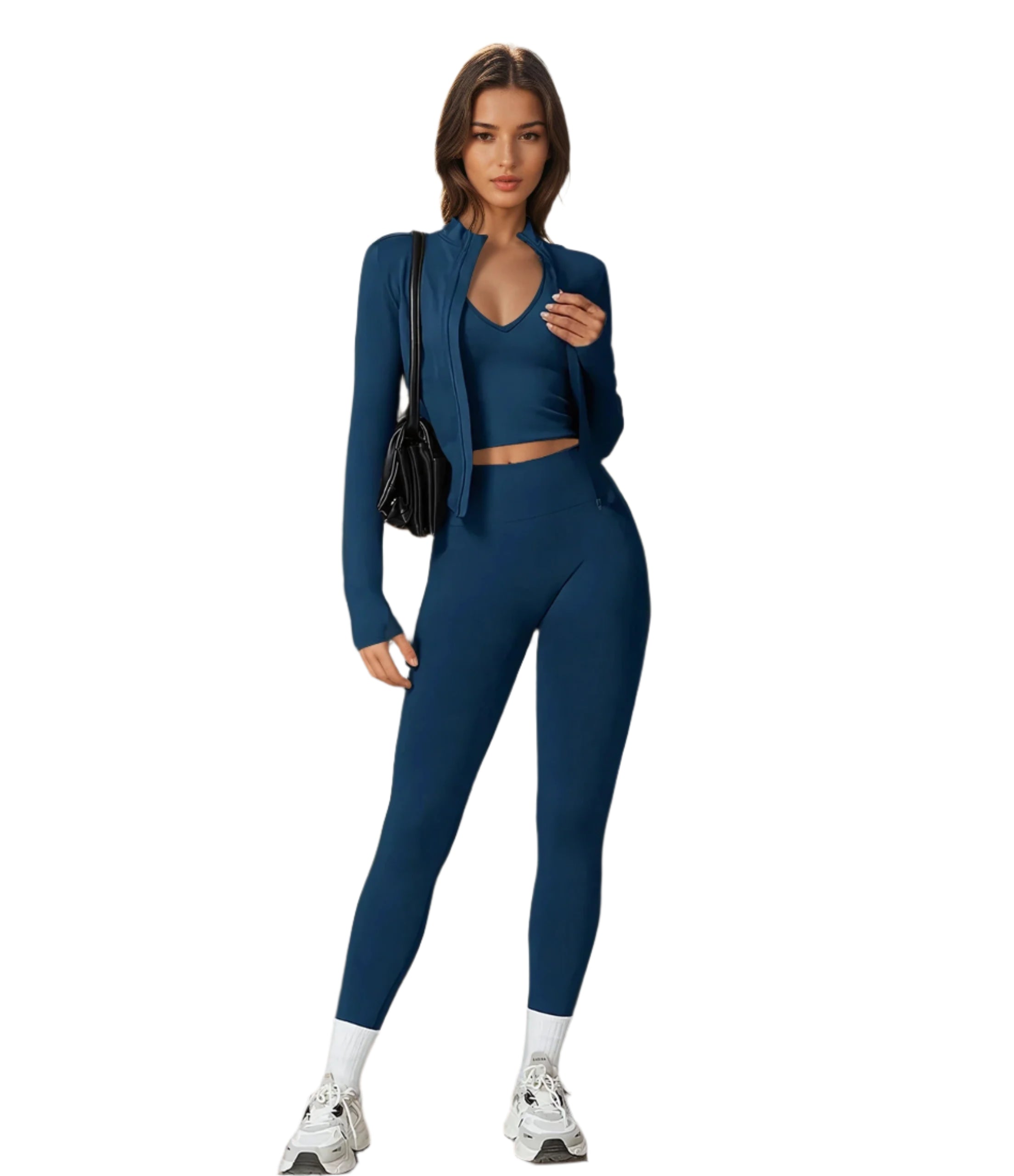 Xooie Fit women's fitness matching set in navy blue, featuring crop top, leggings, and jacket