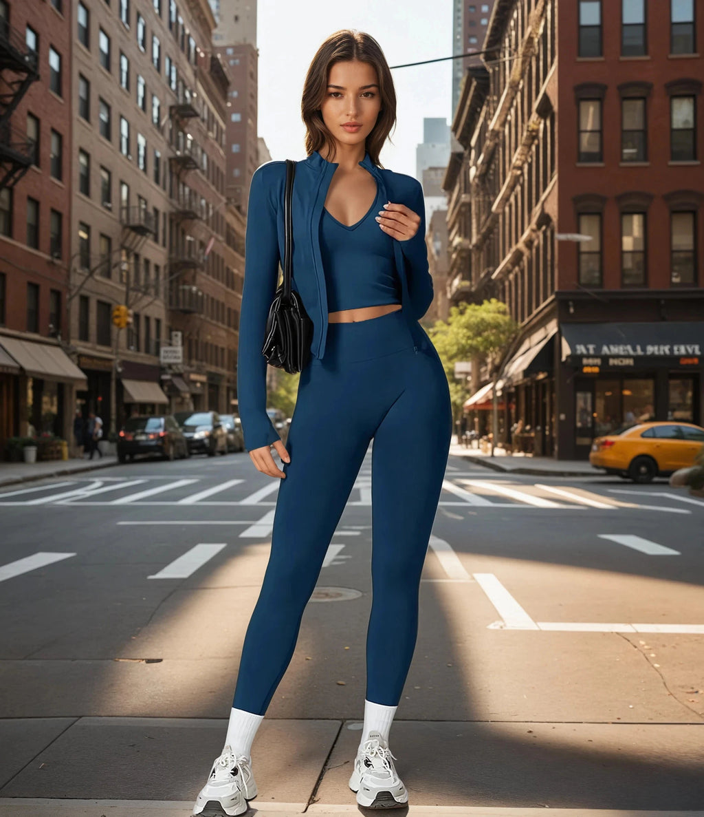 Xooie Fit women's fitness matching set in navy blue for stylish workouts and casual outings