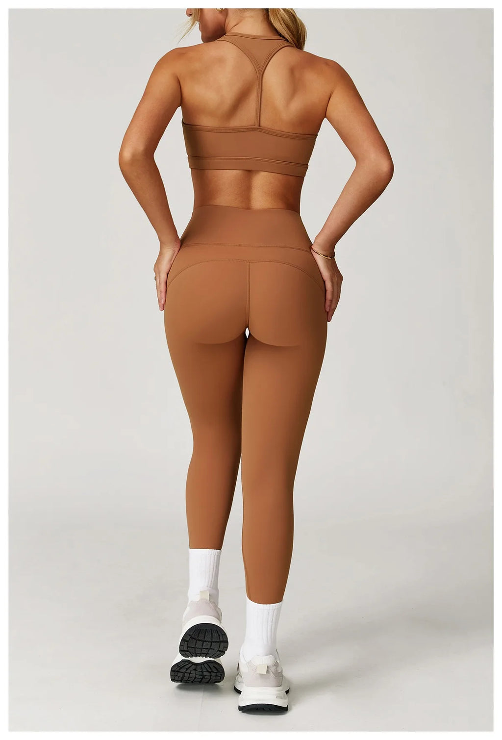 Xooie Fit women's fitness matching set brown two-piece set with high-waisted leggings and strappy sports bra